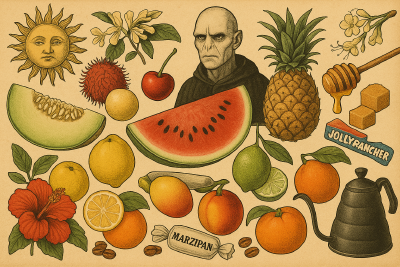 A vintage-style collage showing strawberries, watermelon, hibiscus, honey, and coffee cherries. The warm, textured palette blends fruit, flowers, and cosmic elements into a whimsical celebration of the following coffee’s flavors.